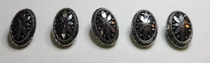 Vintage Black Plastic Buttons Lot 5 Art Deco Oval Shank Faceted Flower Design - Picture 1 of 5