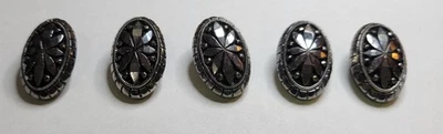 Vintage Black Plastic Buttons Lot 5 Art Deco Oval Shank Faceted Flower Design - Image 1 of 4