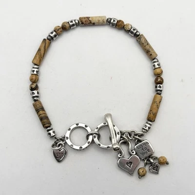 Brighton Jasper Bracelet Listen to Your Heart Charms Brown Stone Silver Plated - Image 1 of 4