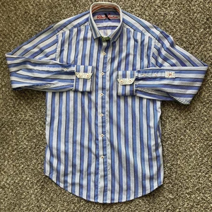 Robert Graham X Collection Shirt Mens Medium Blue White Stripe Flip Cuff Long Sl - Picture 1 of 11