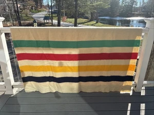 Vintage HUDSON BAY Striped Four Point Wool Blanket England Double Size - Picture 1 of 7