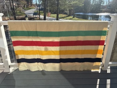 Vintage HUDSON BAY Striped Four Point Wool Blanket England Double Size - Image 1 of 4