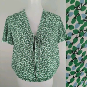Flutter Sleeve Blouse Top Garden Green Floral Tie Neck Feminine French Style S - Picture 1 of 11