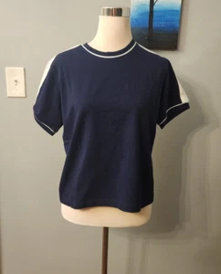 QVC NWT Sport Savvy T-shirt Stretch Jersey Scoop Neck Navy/White Small - Picture 1 of 11