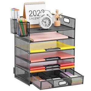 Lavatino 6 Tray Paper Organizer Letter Tray with Drawer - Mesh Desk File Orga... - Picture 1 of 6