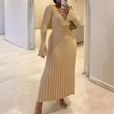 Vestido de punto informal cintura cuello en V grande a rayas vestido de punto para mujer (engrosado) Foto 1 de 4