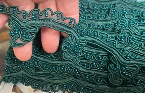 embroidered scallop soutache hand sewn trim 1.5" glass beads forest green 1yd - Picture 1 of 6