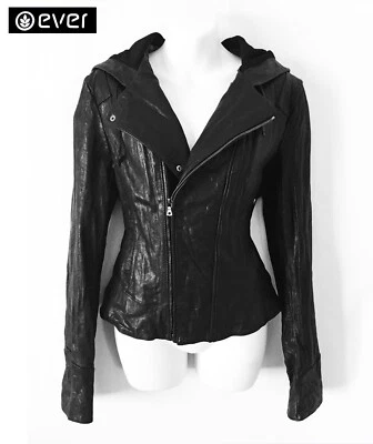 CHAQUETA DE CUERO ITALIANA LAVADA PLISADA TRASERA NEGRA DE $795 EVER BRAND * S ~ IMPECABLE Foto 1 de 4
