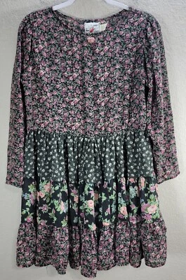 Vtg Le Chat Coco Girl's Micro Floral Tiered Dress Mini Calico Roses Hippie Sz 14 - Image 1 of 4