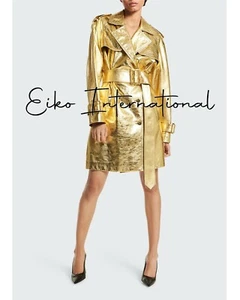 Women Metallic Gold Trench Coat Womens Real Leather Long Coats For Women - Picture 1 of 11