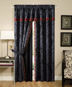 Chezmoi Collection 4-piece Black Red Jacquard Window Curtain Set Panels Valance - Picture 1 of 8
