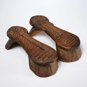 Pakistani Vintage Hand Carved Wood Swat Valley Harem Stilt Shoes Pair 9.25"l - Picture 1 of 6