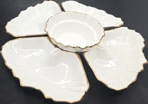 C1950 EE. UU. G20 California Pottery Lazy Susan Chip Bandeja Set Pétalo Oro Borde MCM - Imagen 1 de 22