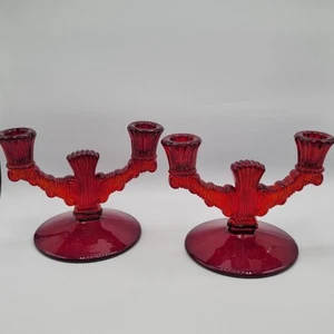 Paden City Ruby Red Candlewick Double Light Candlestick Holders 1930s - Bild 1 von 6