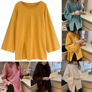 Women Solid Color Casual Long Sleeve Round Neck Loose Top for Daily Wear - Picture 1 of 27