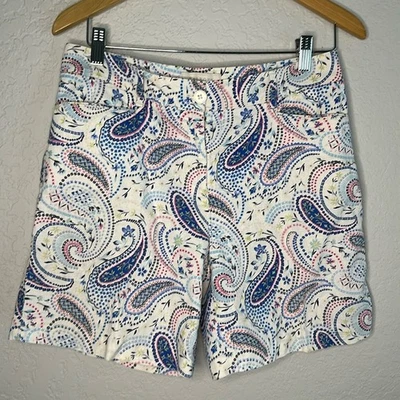Shorts paisley de linho Talbots 6,5” azul branco preppy férias costeiras náuticas - Imagem 1 de 4