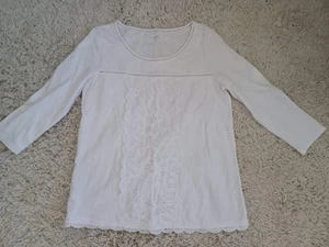 Garnet Hill 100% Cotton Lace Front Top White 3/4 Sleeve Scoop Neck Women's Small - Picture 1 of 7