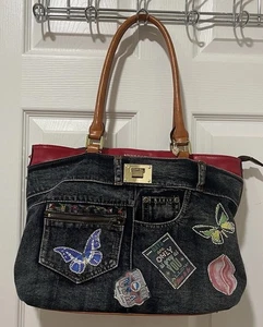 Nicole Lee USA Denim Patchwork Applikation Strass Nieten Y2K Umhängetasche Beuteltasche - Bild 1 von 16