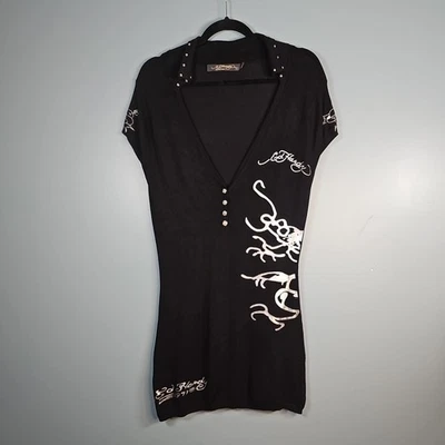 Y2K Women's Ed Hardy By Christian Audigier Dragon Black Sweater Dress Size L - image 1 of 4