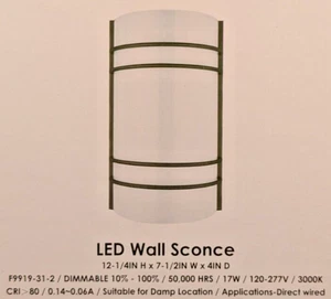 SUNSET LIGHTING LED WALL SCONCE MATTE BLACK 12.25"T 7.5"W 1400LM 3000K 120-277V - Picture 1 of 3