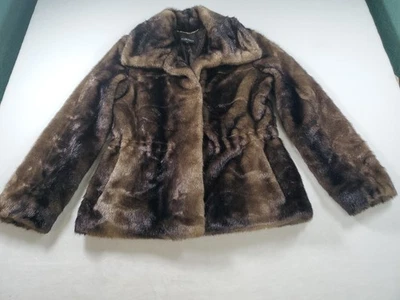  Abrigo de piel de visón sintético marrón Ellen Tracy ajustador de cintura cadena colgante talla M Foto 1 de 4