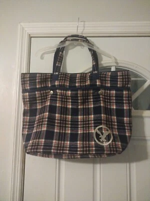 American Eagle AEO Travel Tote Bag Blue Plaid  Double Handle Magnetic Closure - Image 1 of 4