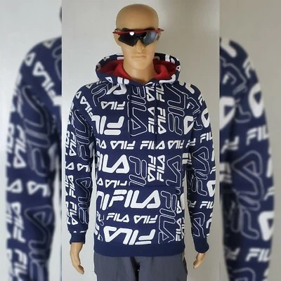 FILA HOP TO IT HODDIE MEN'S ALLOVER MIX LOGO PRINT BLUE SIZE M WITH POCKET - Image 1 of 4