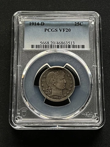 1914 D BARBER SILVER QUARTER DOLLAR 25C PCGS GRADED VF20 RARE US 90% SILVER COIN Cover