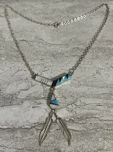 VINTAGE ZUNI MOSAIC INLAY NECKLACE STERLING SILVER FEATHERS - Picture 1 of 6