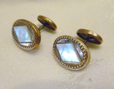 VICTORIAN Antique MOP Men's CUFF LINKS Gold Tone ABALONE SHELL - Image 1 of 4