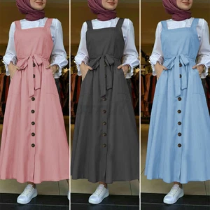 ZANZEA Women Sleeveless Lace Up Button Long Sundress Overall Pinafore Maxi Dress