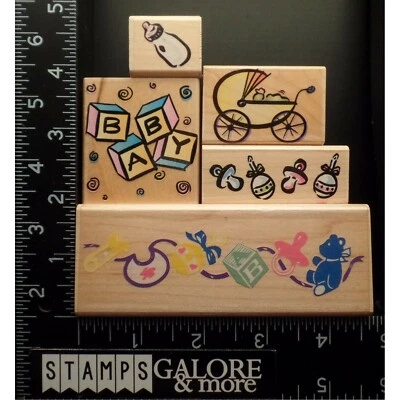 LOTE 5 ESTAMPILLAS DE GOMA ESTAMPIDAS BIBERÓN COCHECITO JUGUETES BORDE #2670 Foto 1 de 2