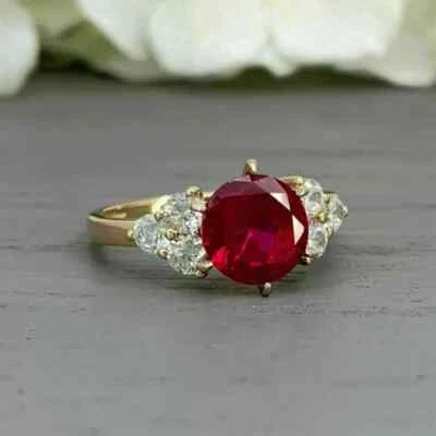 2Ct Round Lab-Created Red Ruby & Diamond Engagement Ring 14K Yellow Gold Plated - Image 1 of 4