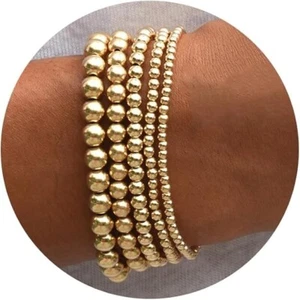 14k Gold Beaded Bracelets for Women Bead Ball Stackable Sets Stretch Elastic - Picture 1 of 5