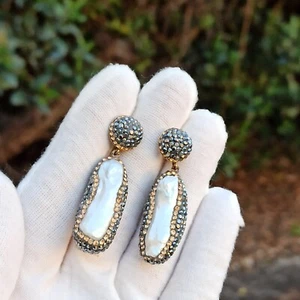 Statement Pearl Earrings Baroque Inlaid Crystals Gold Plated Silver OOAK Artisan - Picture 1 of 18