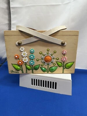 Vintage COLLINS of TEXAS Original Box Bag Wooden Purse Posies Flowers 1960s - Image 1 of 4