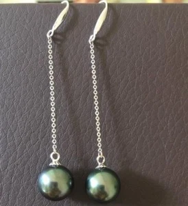 Charming AAA8-9mm Black green south sea Pearl Earrings 18K White Gold - Picture 1 of 6