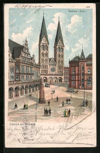 Lithographie Bremen, Rathaus und Dom 1901  - Picture 1 of 2