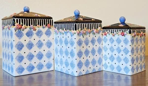 Mary Engelbreit Canister Set of 3 Decorative Ceramic Blue Check Dot Vintage - Picture 1 of 15