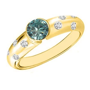 0.85Ct Round Shape Natural Bluish Green & White Diamond Ring In 14KT Yellow Gold - Picture 1 of 2