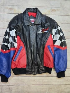 Vintage Budweiser Nascar schwarze Lederjacke karierte Ärmel Größe Medium Bud - Bild 1 von 14