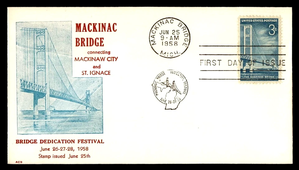 1109 3c Stamp (1958) THE MACKINAC BRIDGE FDC FROM ACB CACHETS - SCARCE !!! - Image 1 of 1