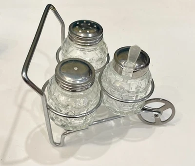 Vintage Salt and Pepper in a Metal Cart Holder Caddy - Image 1 of 4