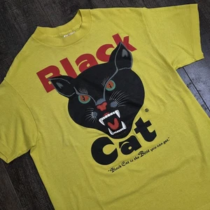 Vintage Black Cat Fireworks Tshirt Size Large Yellow 90s Rare Hef-T USA 4th July - Bild 1 von 13