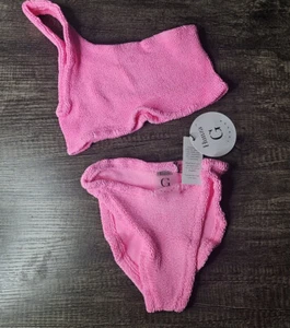 Hunza G Nancy Seersucker Rosa Bikini Conjunto Un Hombro Nuevo Con Etiquetas - Imagen 1 de 14