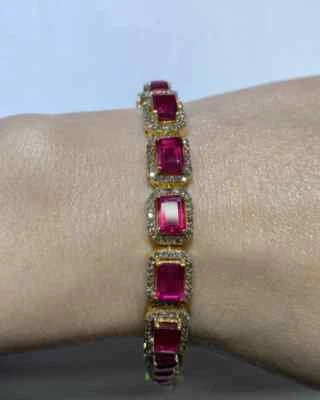 Brazalete de plata de ley 925 pavé de diamantes turmalina rosa chapado en oro de 14k regalo Foto 1 de 4
