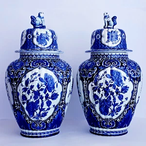 Antike DELFTER BLAU & WEISS XL INGWERGLAS DECKELVASE 18,5 ZOLL - TOP - Bild 1 von 8