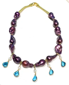 Collana perle viola barocche choker charms cristalli gocce azzurre ematite gold - Foto 1 di 8