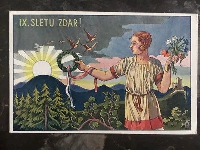 1932 Praga Checoslovaquia Postal Cubierta Mujer con Flores y Amanecer Sub Foto 1 de 2