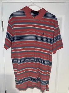Vintage Polo Ralph Lauren Striped Pique Polo Shirt Mens Large Salmon Pink - Picture 1 of 8
